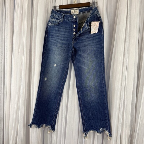 Free People Denim - Free People Sequoia Blue Button Fly Frayed Hem Cropped Wide Leg Jeans Size 26